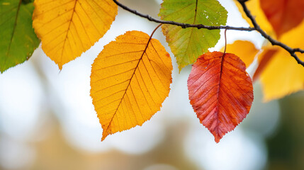 Obraz premium Colorful autumn leaves in soft focus, showcasing vibrant hues of yellow, orange, and red. Nature beauty shines through