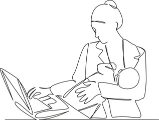 One continuous single drawing line art flat doodle mother, child, working woman, computer, technology, working mom. Isolated image hand draw contour on a white background, hand drawn, not AI