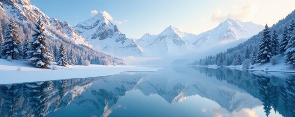 Frozen lake reflects snowy mountains and trees, calm, frosty