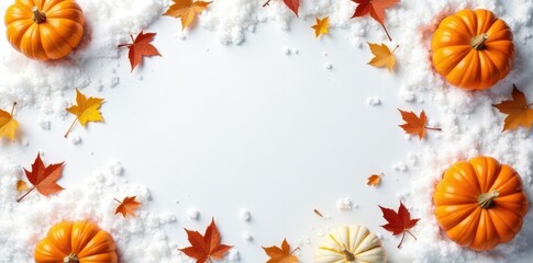 Small autumn pumpkins scattered on a snowy white background, foliage, snowy, white
