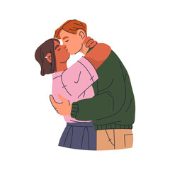 Teenager couple kissing. Vector illustration of romantic and passionate pair kiss. Emotion and love expression. People lover. Man and woman intimacy and relationships. Unity and bonding, affection.