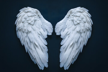 Fototapeta premium A pair of white angel wings with feathers, top view, on dark background