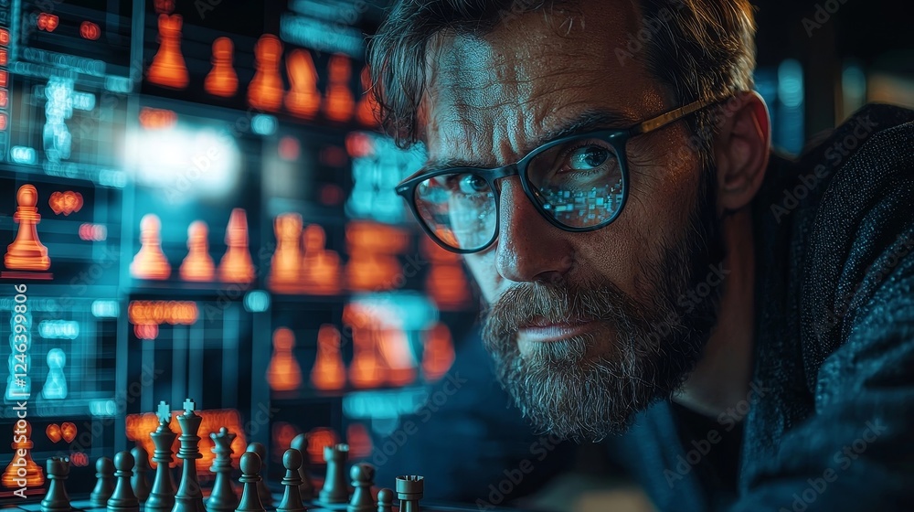 Poster analytical chess player surrounded by digital screens showcasing intricate algorithms and potential 