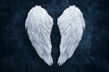 Fototapeta premium A pair of white angel wings with feathers, top view, on dark background