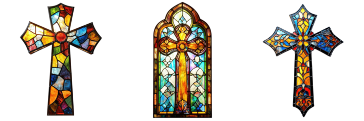 A Set of Vibrant Stained Glass Windows Featuring a Cross Isolated on Transparent Background