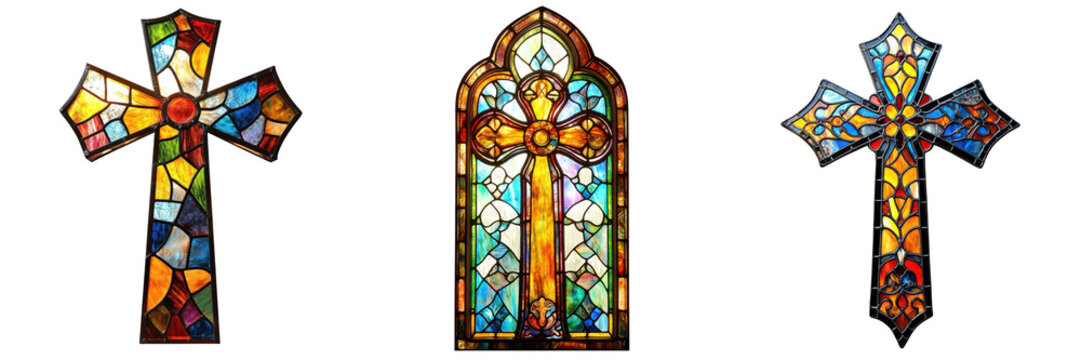A Set of Vibrant Stained Glass Windows Featuring a Cross Isolated on Transparent Background