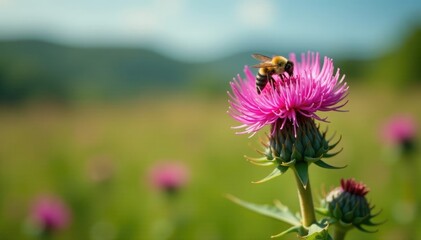 Fototapeta premium Moth thistle in full bloom with bees buzzing around, wildflowers, blossoms