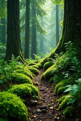 Fototapeta premium Mossy forest floor with ferns and tree trunks, forest floor, natural world, forest ecosystem