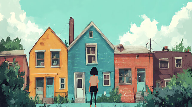 A person standing in front of their new home in a different city (2)