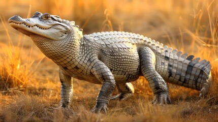 Fototapeta premium A realistic crocodile model standing on dry grass in a golden sunset, showcasing its intricate details