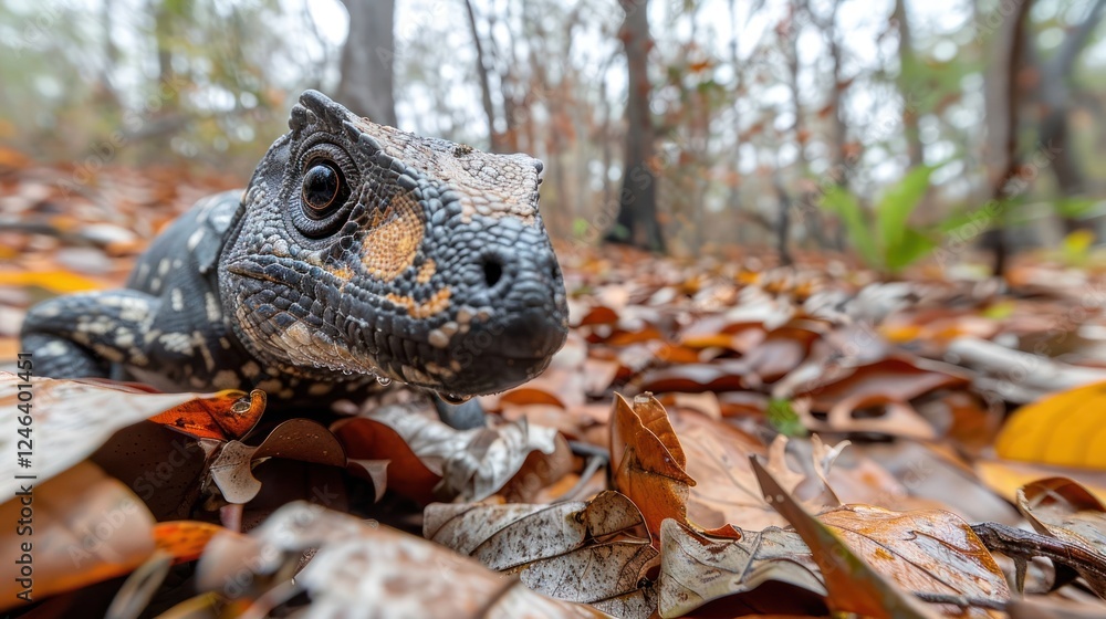 Aufkleber close-up of a lizard on autumn leaves in a forest with blurred trees in the background