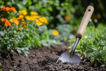 Gardening tool in soil. Garden trowel in fertile ground, ready for planting with blurred colorful flowers in background.