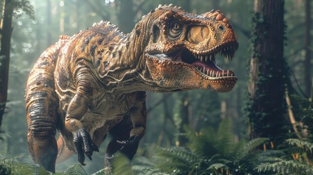 A roaring dinosaur in a lush prehistoric forest, surrounded by ferns and towering trees, evoking adventure - Powered by Adobe