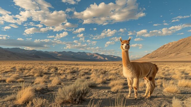 A lone llama stands majestically in a vast desert landscape under a vibrant sky at sunset - Powered by Adobe