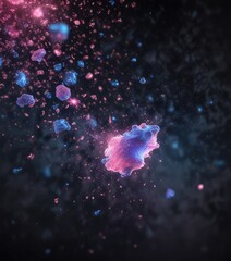 Fototapeta premium Softly glowing blue particles suspended in mid-air against a dark background, with pink hues scattered throughout , abstract, gentle movement