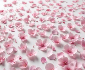 Fototapeta premium Soft pink flower petals scattered on a white background, floral arrangement, paper flowers, soft focus photography