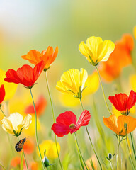 Obraz premium Bright flowers in vibrant colors with butterfly in sunny field