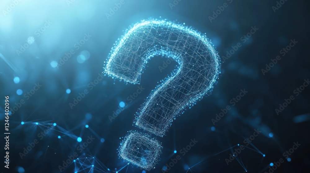 Poster glowing digital question mark on a network background.