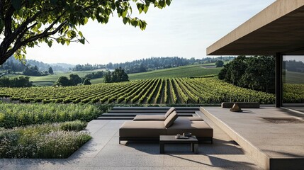 Fototapeta premium Modern outdoor lounge with vineyard view in tranquil landscape setting