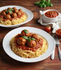 Spaghetti on white plate with marinara sauce and meatballs , home cooked, meatball
