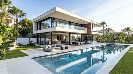 Fototapeta premium Modern Luxury Villa with Pool and Lush Tropical Surroundings