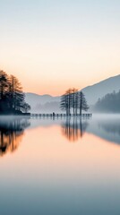 Obraz premium Serene sunrise over misty lake with silhouetted trees and mountains