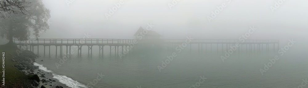 Poster a foggy scene featuring a pier extending into a misty body of water, creating a serene yet mysteriou