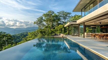 Fototapeta premium Modern villa with infinity pool overlooking lush mountainous landscape