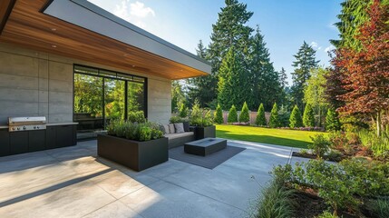 Modern backyard patio with seating area and lush greenery