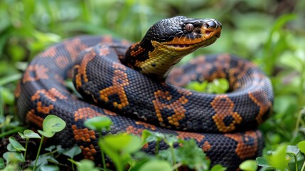 Fototapeta premium Colorful snake coiled among lush green foliage, showcasing its vibrant patterns in nature