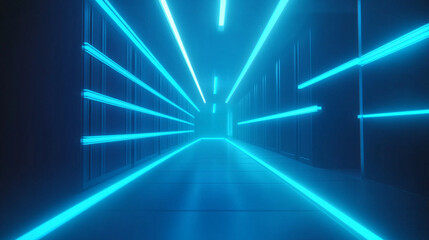 Futuristic blue-lit tunnel with glowing lines, high-tech concept symbolizing digital innovation, artificial intelligence, and advanced technology