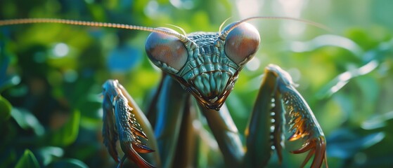 A detailed macro shot of a mantis, highlighting its large, multifaceted eyes and intricate exoskeleton, green and natural blurred background, bathed in soft light.