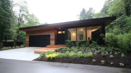 Modern wood home, garden, forest background. Real estate listing image