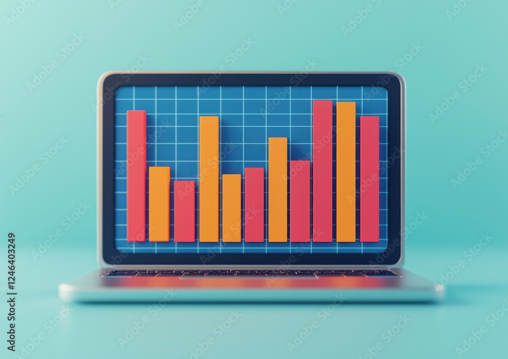 Poster a modern laptop displaying colorful bar graphs on a teal background, representing data analysis and 