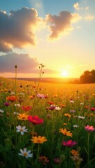 Meadow wildflowers sway gently in the breeze at sunset, meadow, cloud, grass
