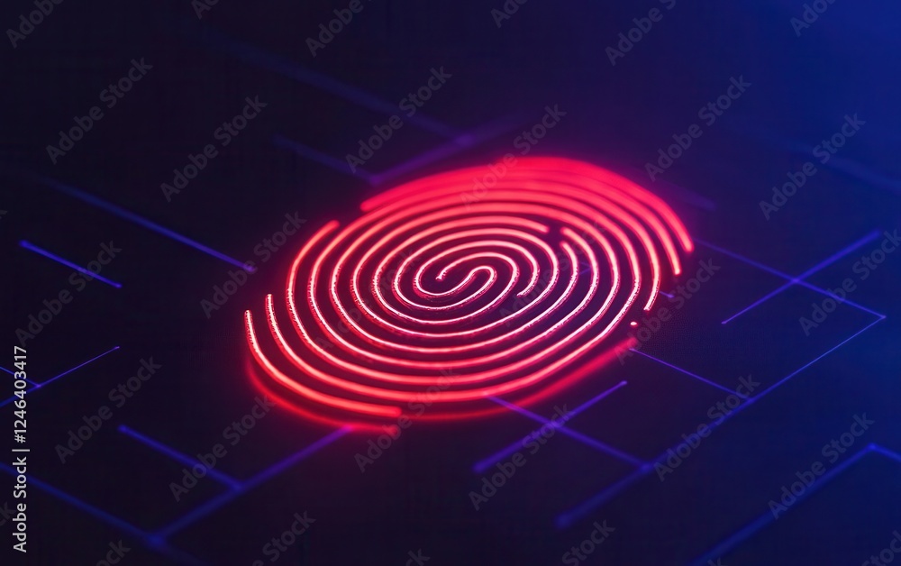 Poster a glowing red fingerprint design on a dark background, symbolizing identity and security in a digita