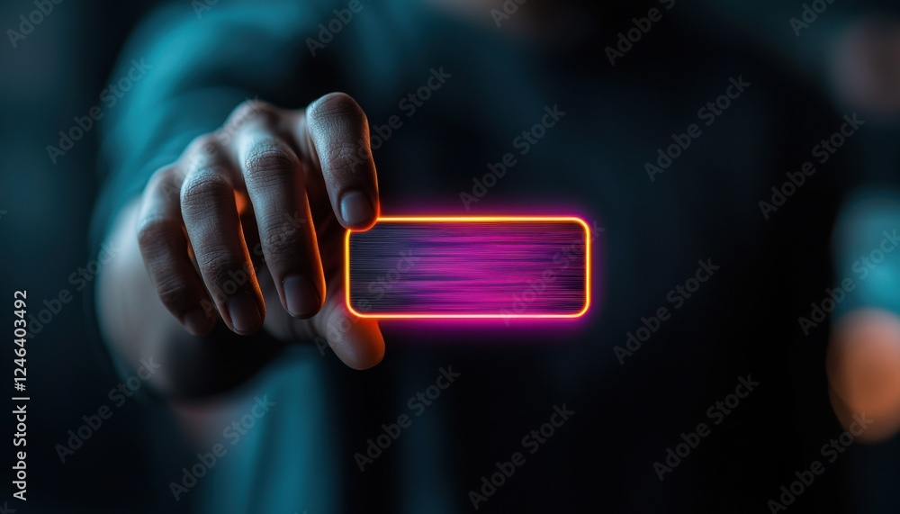 Poster a person holds a glowing, rectangular object with vibrant colors, set against a dark background, cre