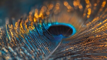 A detailed macro shot of a peacock feather, showcasing its vibrant blues, greens, and golds, and the intricate patterns of its barbs, Bathed in warm light, used as background and product display.