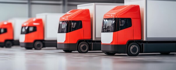 Fototapeta premium A line of miniature trucks with striking red and white colors, arranged neatly, showcasing a modern design in a warehouse setting.