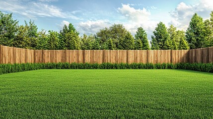Lush Green Lawn Surrounded by Wooden Fence and Vibrant Trees