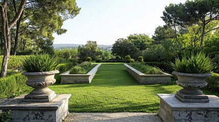 Fototapeta premium Serene Garden Pathway with Lush Greenery and Elegant Planters