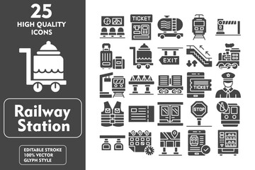 Railway Station Glyph Icon Set. Incleded Icons Waiting Room, Ticket Machine, Tanker, Electric Train, Checkpoint, Luggage, Food Service. Vector Icons Collection