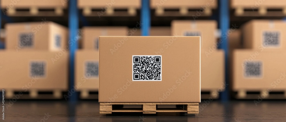 Poster a close-up view of a cardboard box with a qr code, positioned on a wooden pallet, surrounded by stac