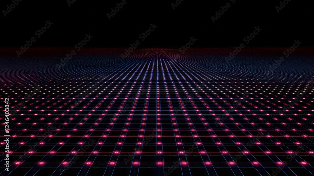 Poster A captivating digital grid unfolds across a dark background, illuminated by vibrant red lines and dots. This design evokes a high-tech, futuristic atmosphere ideal for creative projects