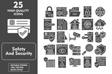 Safety and  Security Glyph Icon Set. Incleded Icons Padlock, Alert, Search, Shield, Wall, 404 Error, Computer, Password, Browser Security. Vector Icons Collection