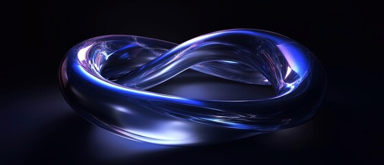 A glossy, blue and purple Mobius strip rendered in 3D against a dark background, Displays a complex space-like texture.