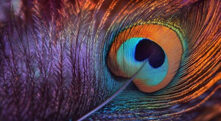 A detailed close-up of a peacock feather, showcasing its intricate patterns and iridescent colors, Bathed in warm light, used as background and product display.