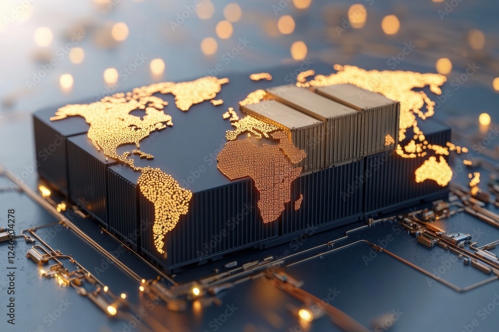 Aufkleber a stylized 3d representation of a world map with golden shipping containers, symbolizing global trad