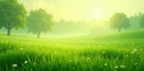 Obraz premium Gentle misty meadow with blending of greens and yellows, greens, nature