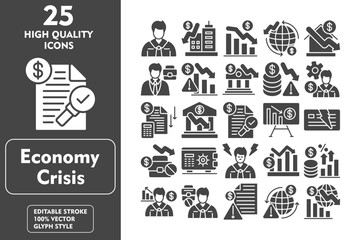  Economy Crisis Glyph Icon Set. Incleded Icons Employee, Bankruptcy, Recession, Inflation, Economist, Job Loss, Document, World. Vector Icons Collection